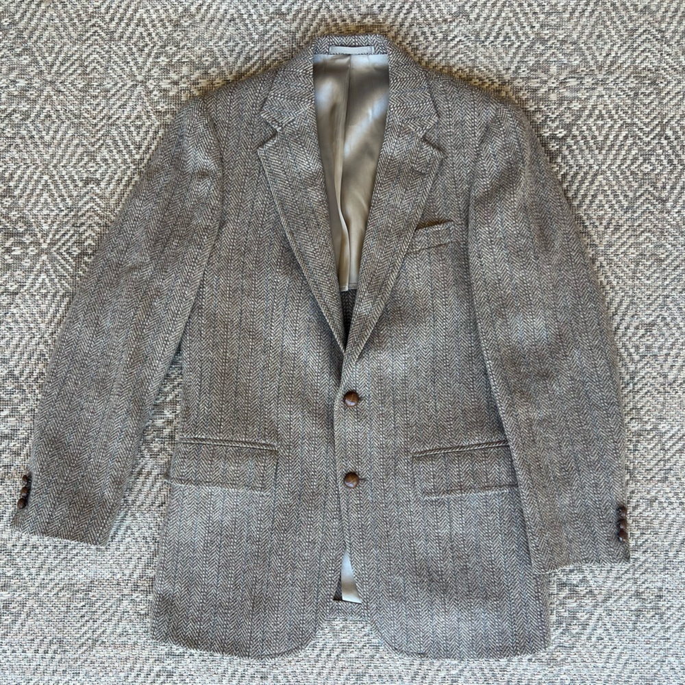 Vintage Harris Tweed Sport Coat‎ Mens Brown Herringbone Blazer Size L Academia